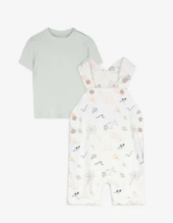 dopodopo newborn Set van shirt en tuinbroek - Motief all-over - wit New